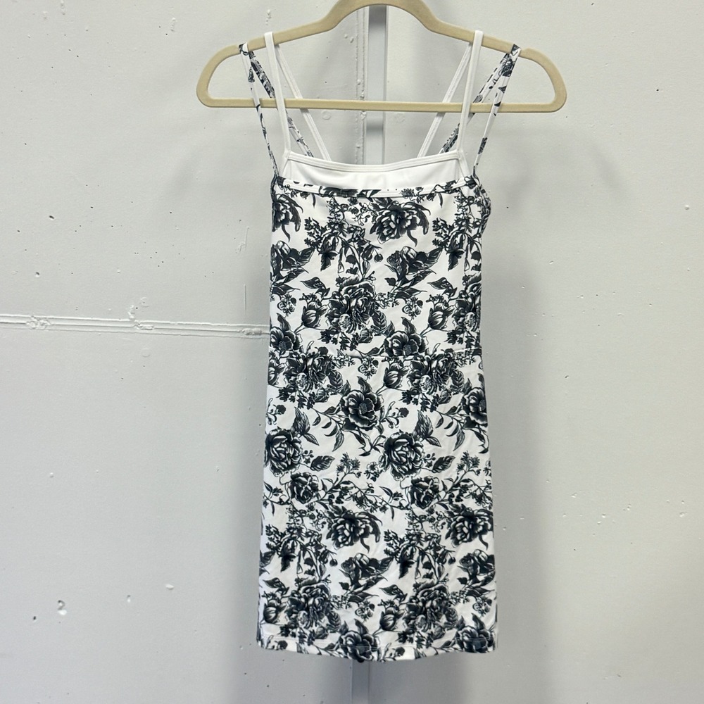 YPB Your Personal Best Floral Active Dress Black White Strappy Built-in Shorts S